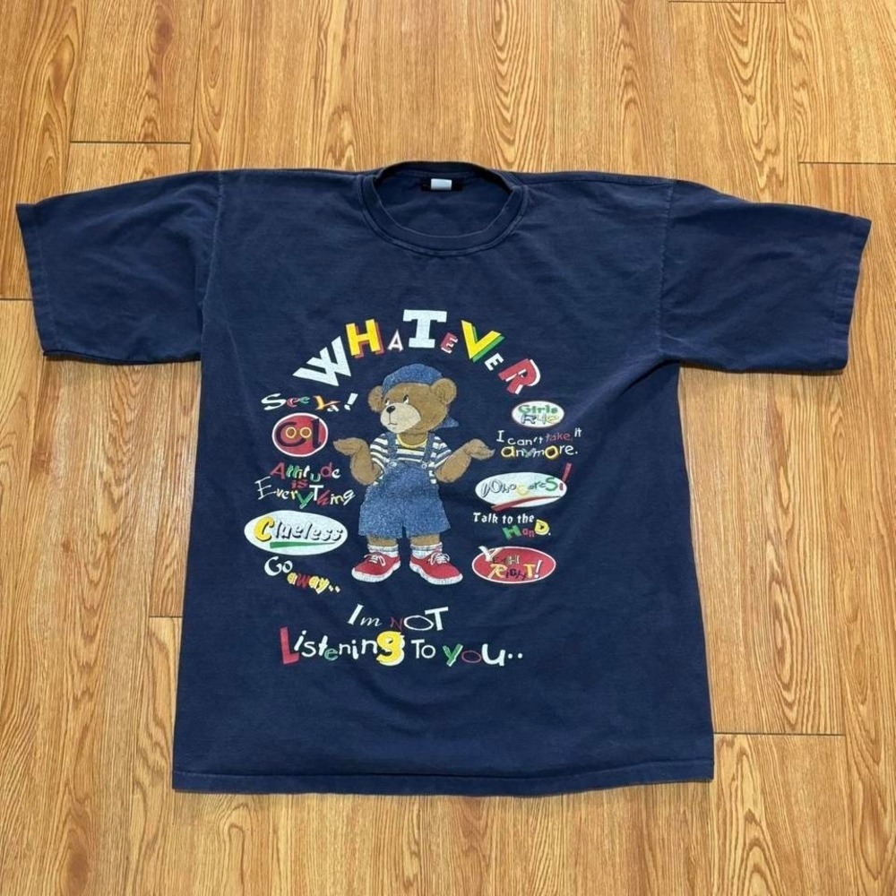 Vintage Shirt Bear‎ Plush Attitude Girly School Y2K Quote Saying Navy Measures L